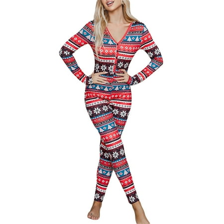 

sdghg Women Romper Pajamas Long Sleeve V Neck Cartoon Snowflake / Elk Buttons Long Home Jumpsuit S-M-L-XL