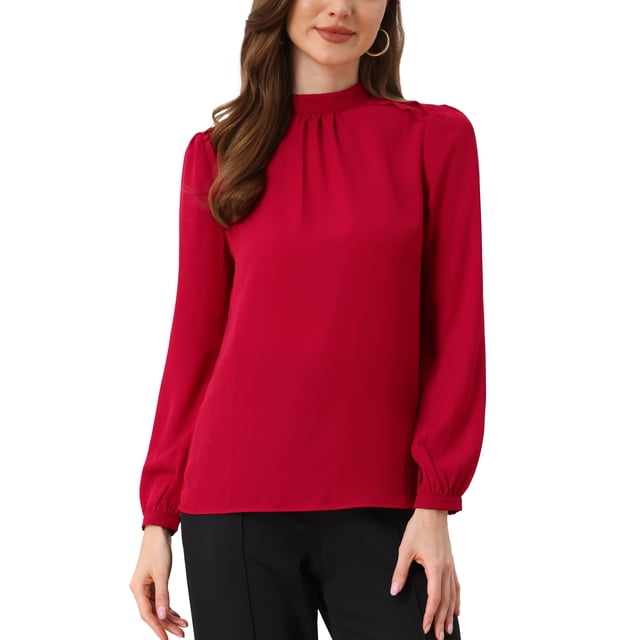 CAMISA DE CHIFFON CHIC INSPIRADA PARA MUJERES, OFICINA, CUELLO ALTO, MANGA LARGA, BLUSA XS ROJA