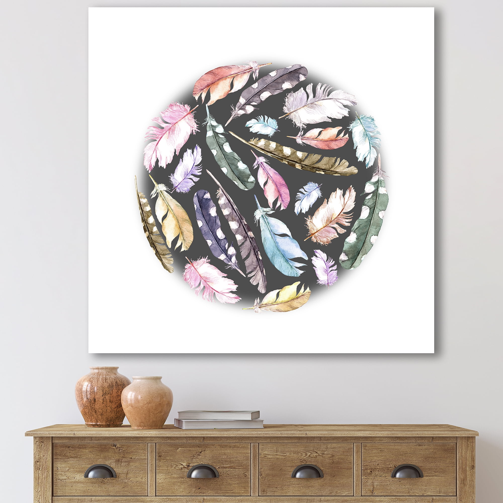 Designart ' Colorful Boho Feathers In Circle Shape ' Bohemian & Eclectic Canvas Wall Art Print