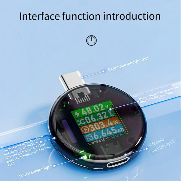 Probador USB de 48 V Detector PD Tipo C Amperímetro de Voltaje Digital Medidor de Capacidad del Banco de Energía Detector de Amperios