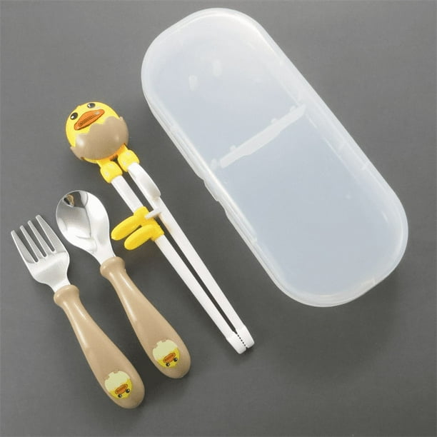 3pcs/set Cartoon Cute Little Yellow Duck Children's Training Fork Spoon Chopsticks Baby Eating Complementary Food Spoon Practice Chopsticks