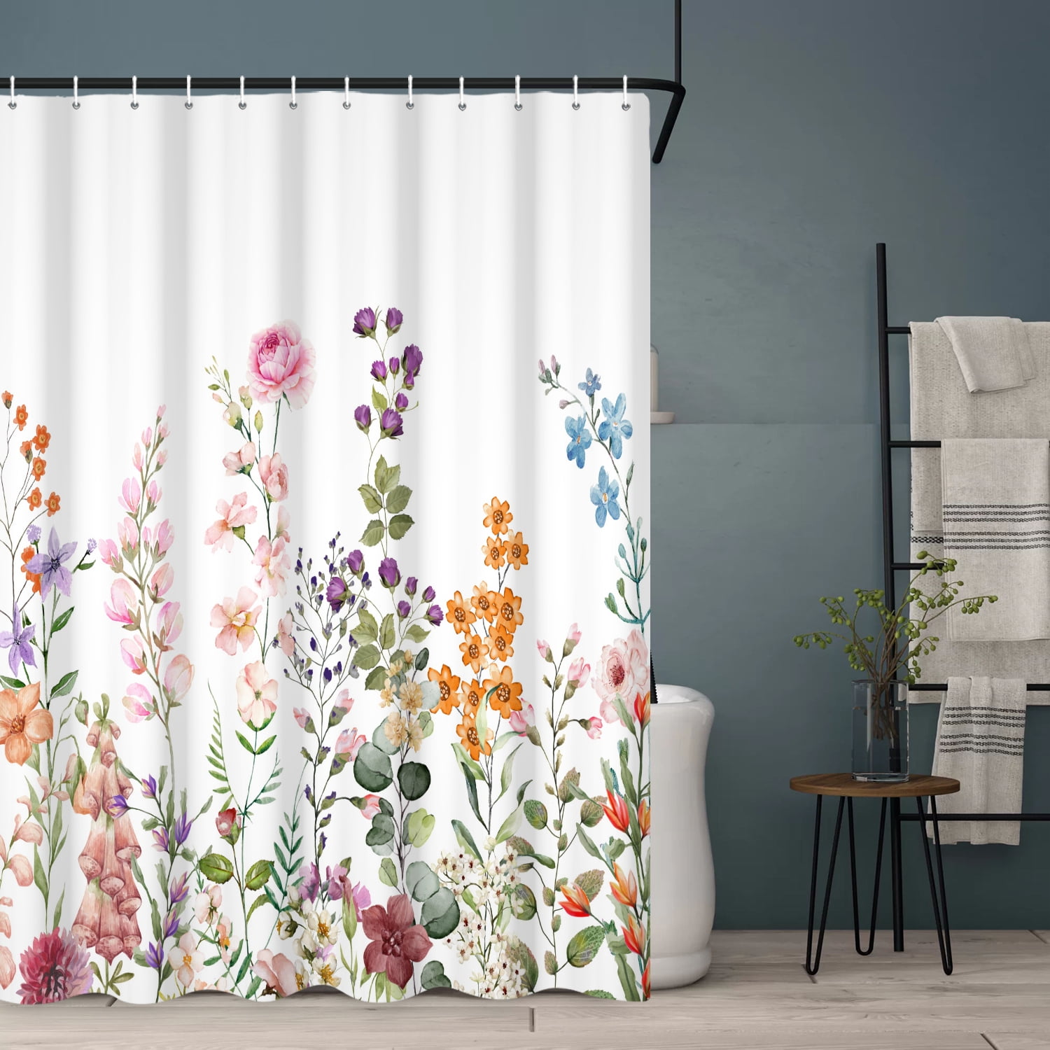 SUNOLIFE Floral Plants Shower Curtain,Spring Botanical Flowers Waterproof Fabric Bathroom Curtain with Hooks,72x78 in