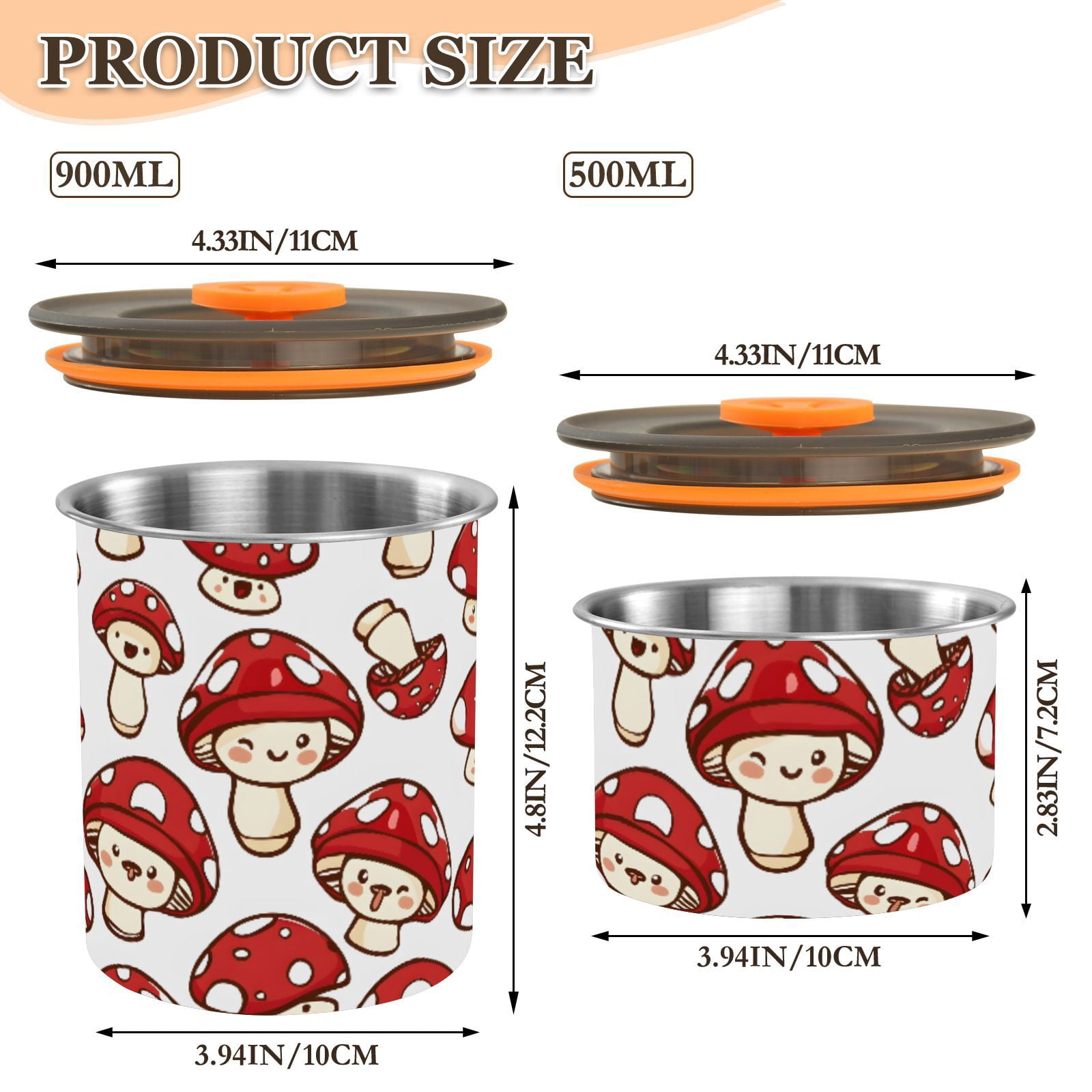 Cute Mushrooms Airtight Coffee Bean Canister 30oz Food Storage Containers with Lids For Gournd, Tea, Sugar, Flour, Rice, Cereal, Candy Cookie Jar