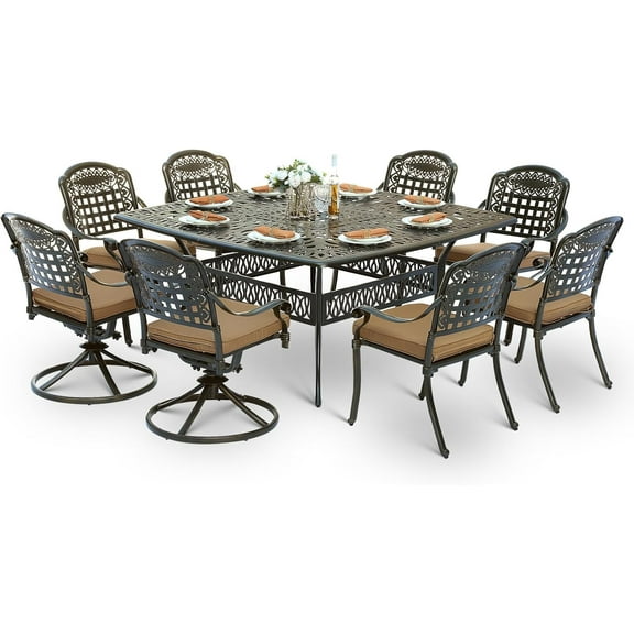 SOCIALCOMF 9-Piece Patio Cast Aluminum Dining Set, Outdoor Table and Chairs Set for 8, Includes 64" Large Square Dining Table, 6 Stationary, 2 Swivel Dining Chairs with Umbrella Hole, Tan