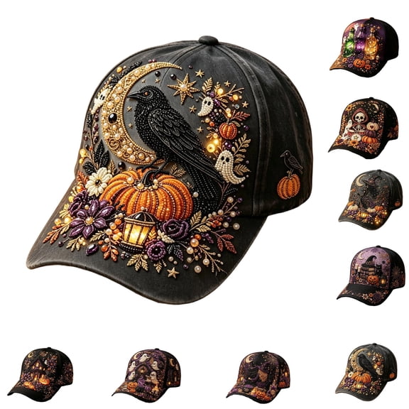 GrmtClth Witch Crow Halloween Baseball Cap Printed Trucker Hat Dark Holiday Costume Accessory Adjustable Black Dad Hat for Adults Daily Wear