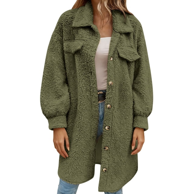 Wensltd Manteau en Peluche à Col à Revers pour Femmes Couleur Unie Bouton devant Décontracté Automne Hiver