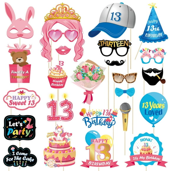 Abaodam 25pcs 13th Birthday Photo Booth Props Already Assembled with Wooden Stick Photo Props Selfie Props Birthday Part