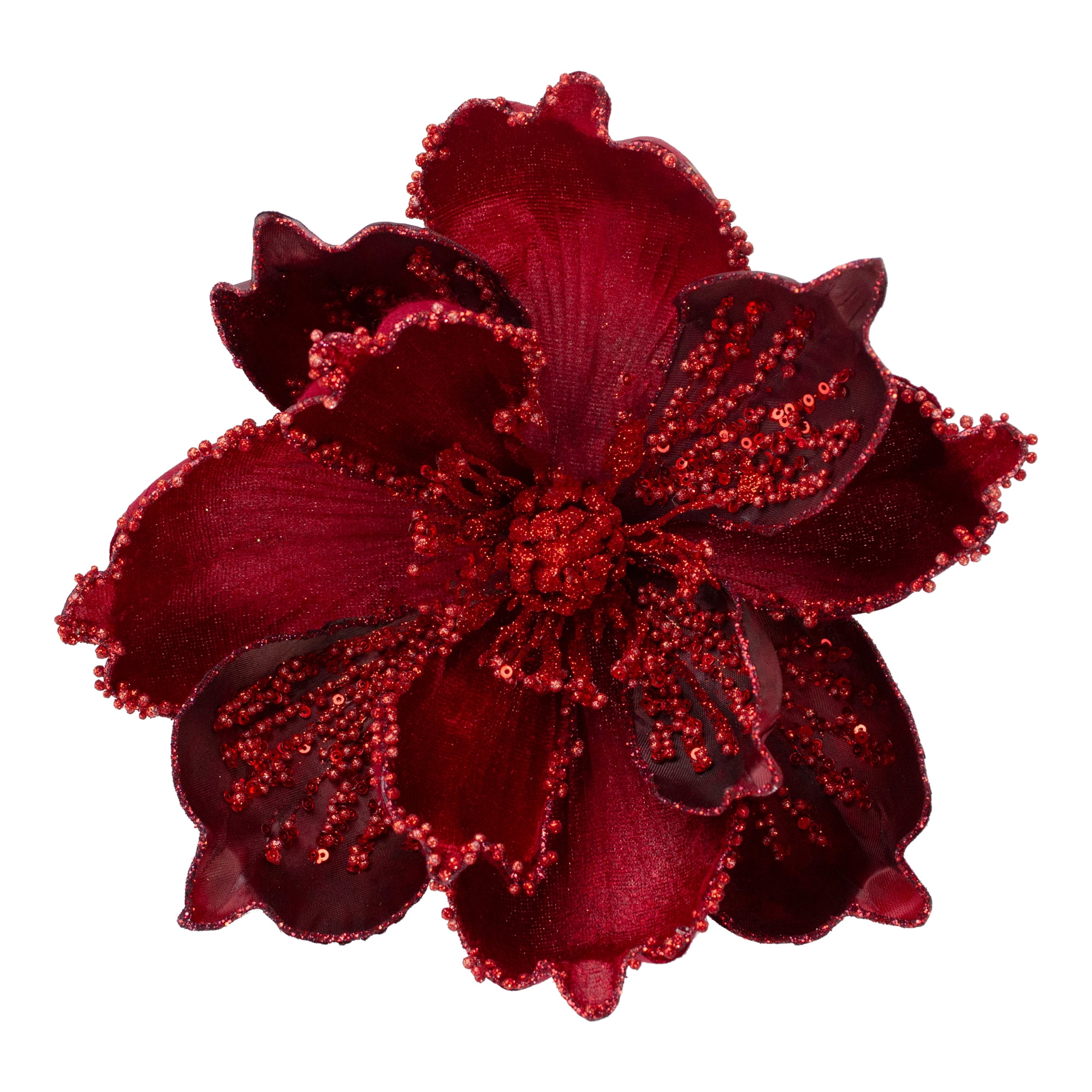 7" Red Magnolia Christmas Ornament with Clip
