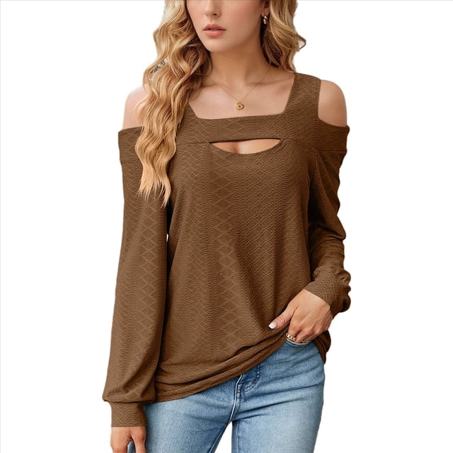 Blusa de Verano con Escote Cuadrado y Hombros Descubiertos para Mujer, Color Café S
