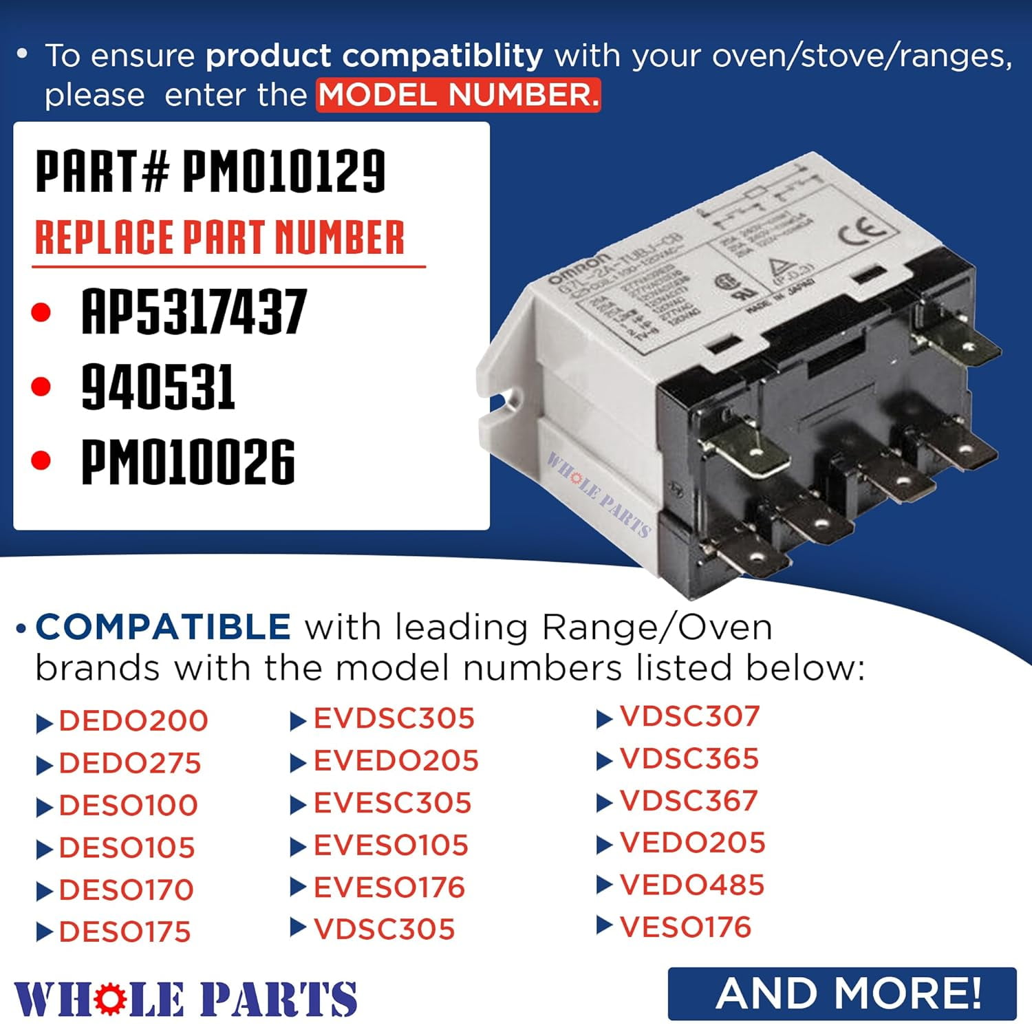 Whole Parts Range Oven Relay Part# PM010129 - Replacement and Compatible with Some Viking Ranges or Ovens