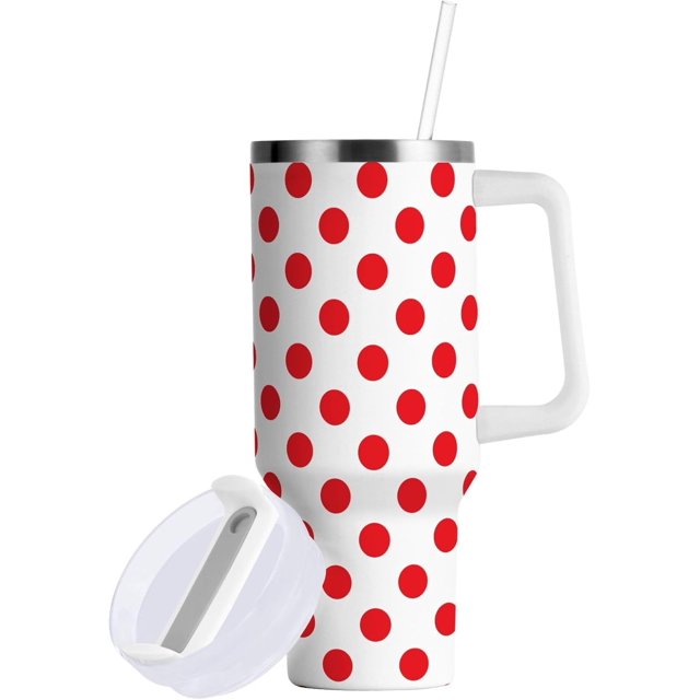 40oz Polka Dot Red & White Tumbler Insulated with Handle LeakProof Coffee Mug Large Water Bottle Fits in Car Cup Holder Hot & Cold Drinks