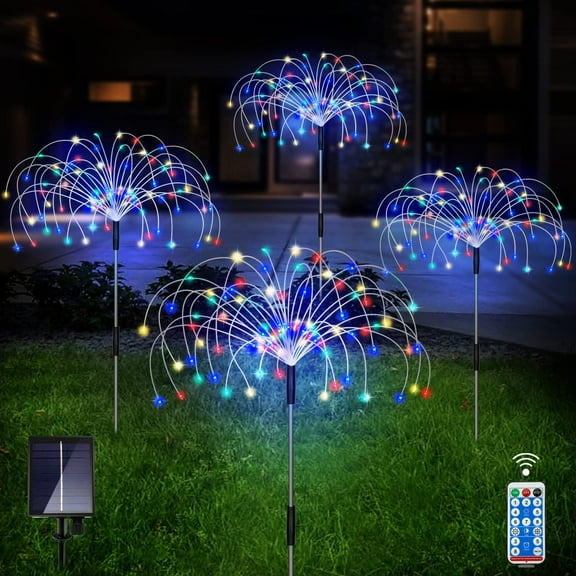 4 Pack Outdoor Solar Garden Lights, 120 LED Wire Waterproof Solar Garden Fireworks Lamp with Remote, 8 Modes Decorative Sparkles Stake Landscape Light for Garden Pathway Lawn Decor (Colorful)