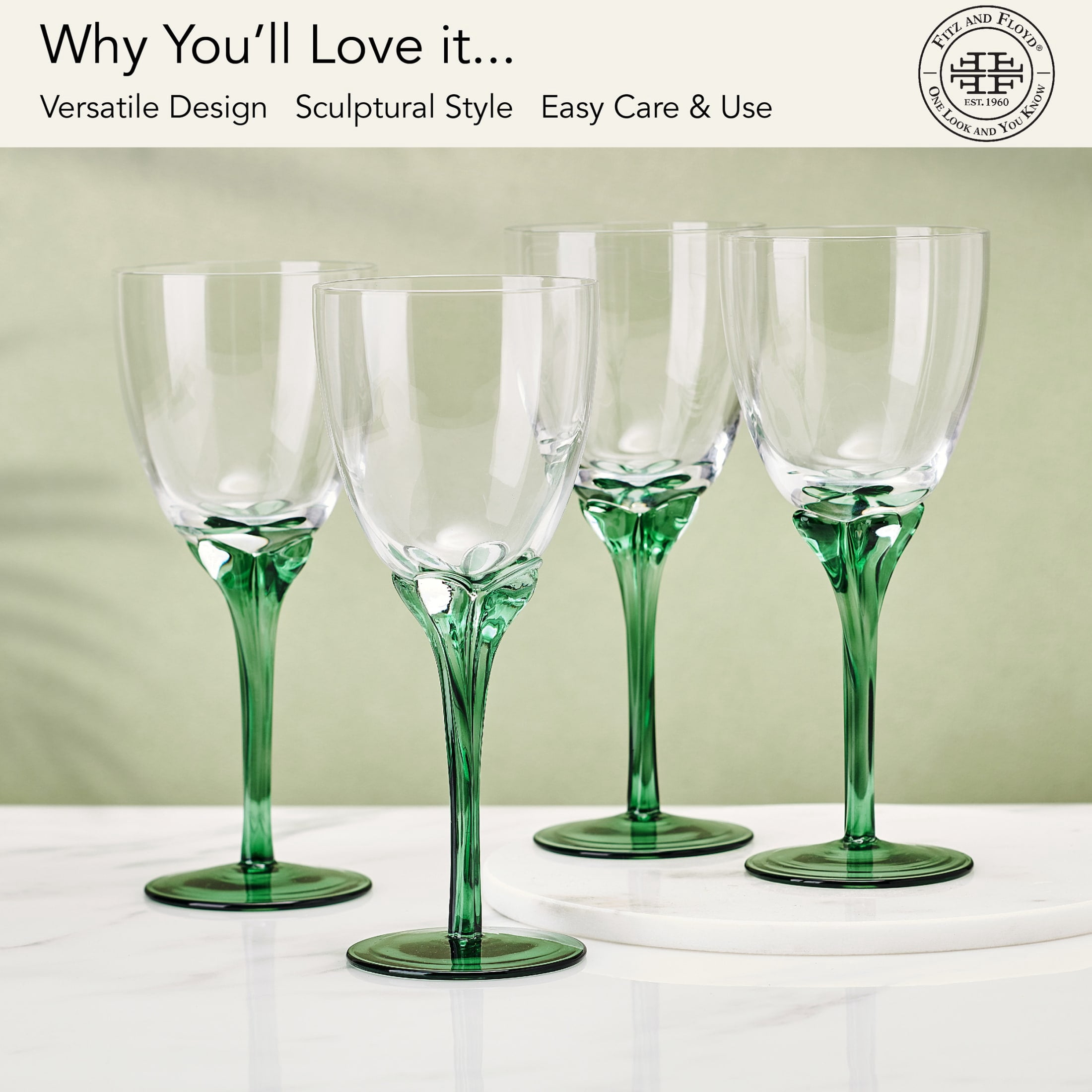 Fitz and Floyd Jardin 14 oz Green Wine Glass (Set of 4)