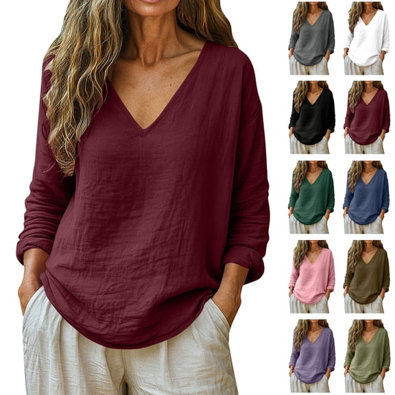 Feancey Women's Oversized Linen T-Shirt Breathable Long Sleeve Peasant Tops V Neck Casual Plus Size Gauze Blouse Comfy Boho T Shirts Army Green L