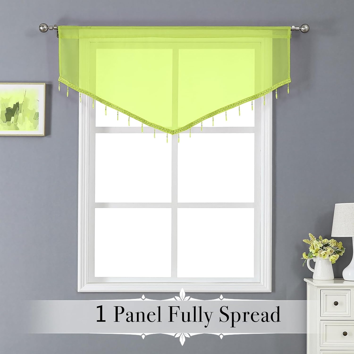 Kiibsot 3-Pack Halloween Beaded Sheer Valance Curtains for Windows, Triangle Sheer Voile Kitchen Swag Curtain Valances Boho Bead Tassels Window Valances for Bedroom Living Room, Each 51 x 24 Inch