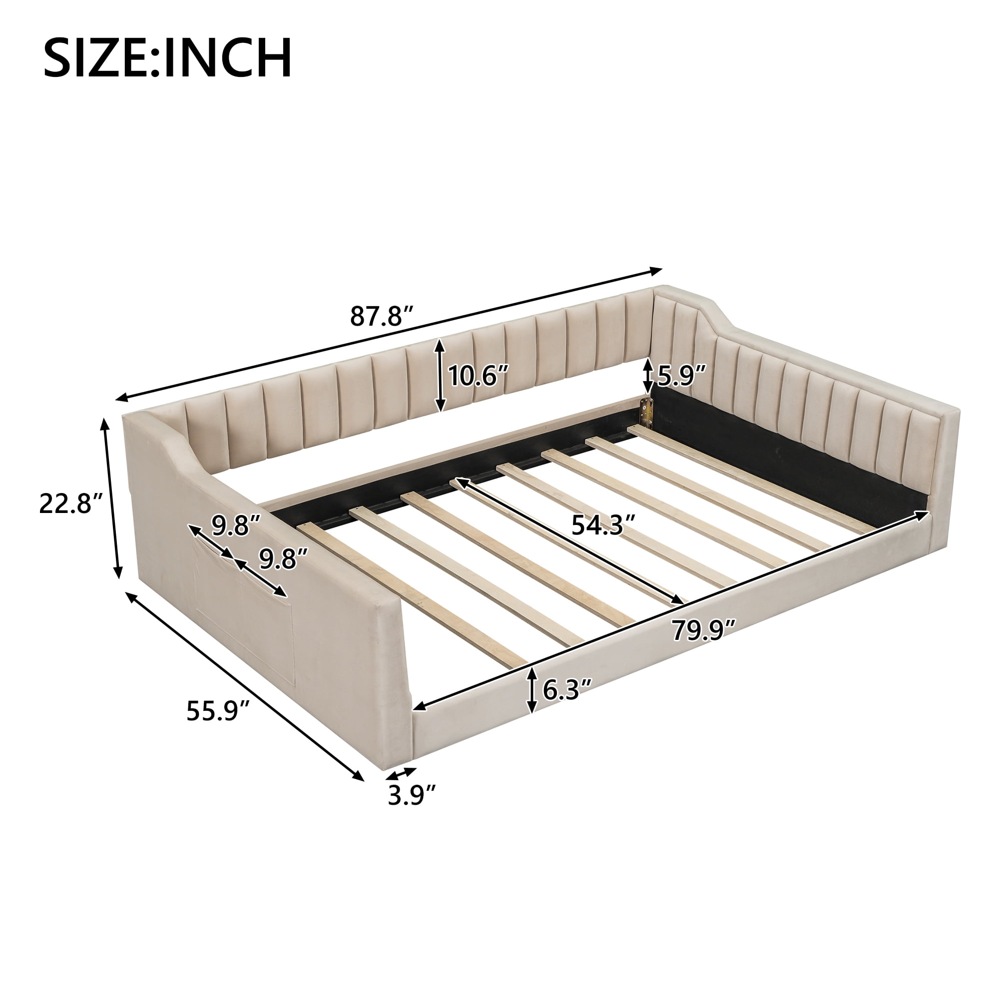 Euroco Upholstered Full XL Daybed, Sofa Bed with Storage Pocket, Beige