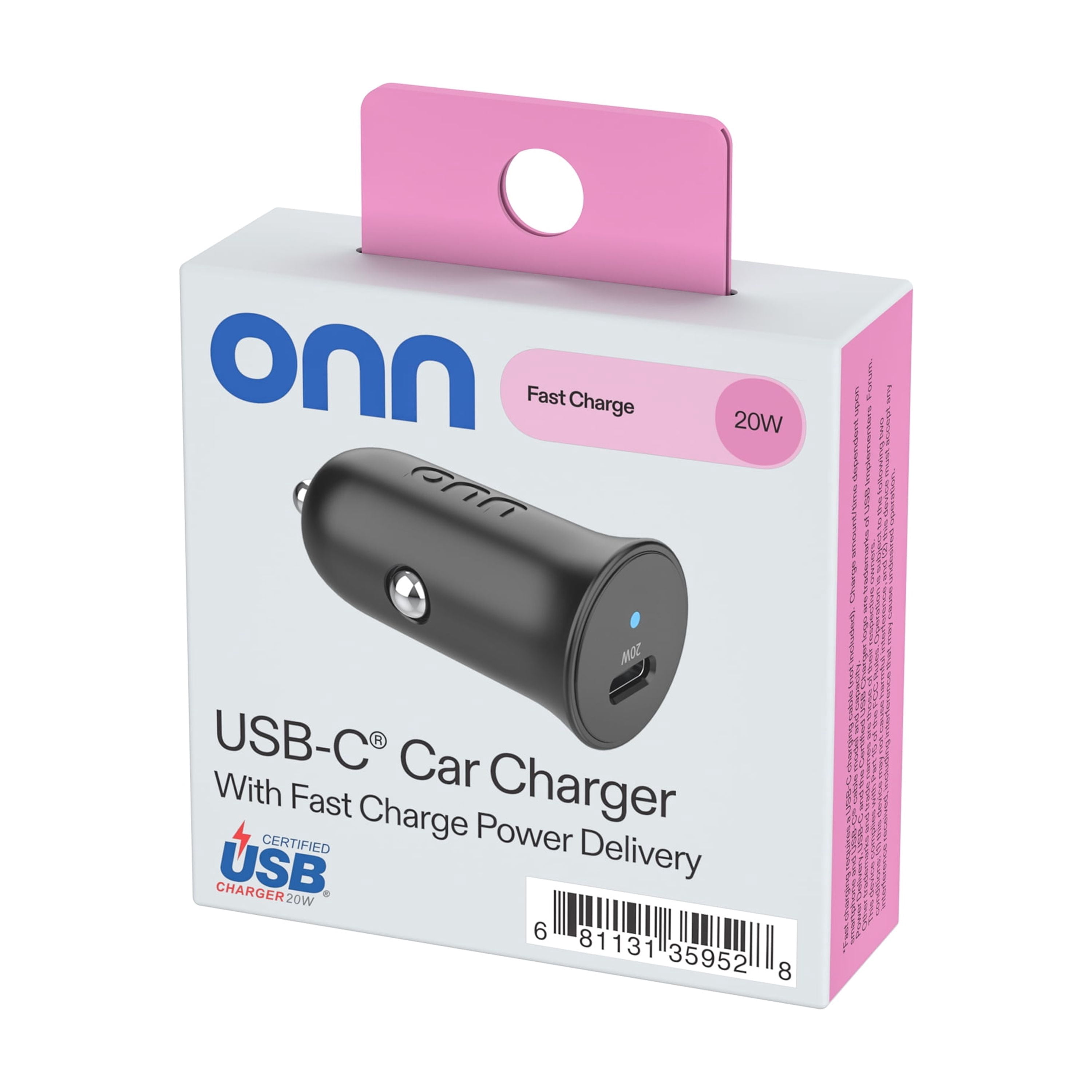 (2 pack) onn 20W USB-C Car Charger, Fast Charging, USB-IF Certified, Foldable Plug, White, Compatible with iPhone & Android