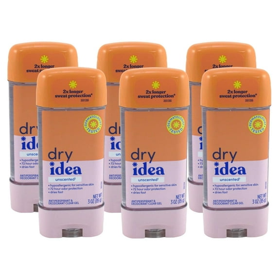 Dry Idea Deodorant 3 Ounce Gel Stick Unscented Antiperspirant (Pack of 6)