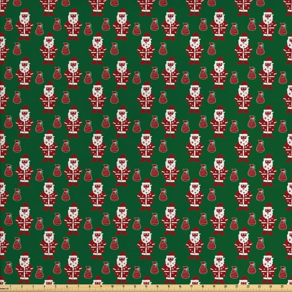 Geometric Fabric by the Yard Upholstery, Santa Claus Holding Present Bag on Vibrant Background Happiness, Decorative Fabric for DIY and Home Accents, Green Ruby White by Ambesonne