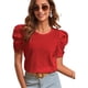 thumbnail image 2 of Top de verano para mujer, cuello redondo, manga corta con volantes, Color puro, transpirable, camisa informal para mujer, para fiesta, oficina, viajes, rojo S, 2 of 6