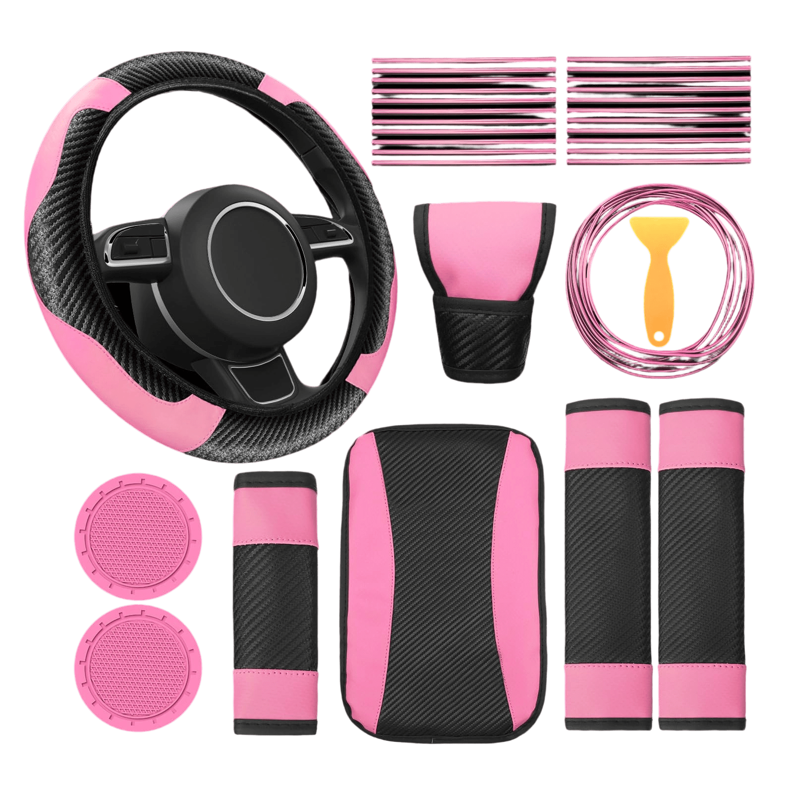 30Pcs Car Interior Accessories Set PU Leather Carbon Fiber Pattern Steering Wheel Cover for Women and Men with Armrest Pad Seat Belt Covers Cup Coasters Vent Trim strips, Pink