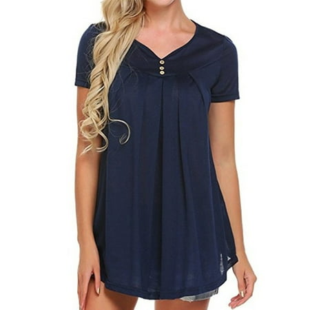 - DYMADE Women's Classic Short Sleeve V-Neck Pleated Tunic Shirt Flowy Casual Top
