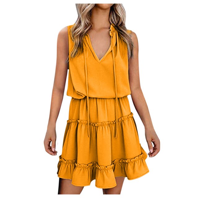 Leutsin Robe Maxi d'Été pour Femme à Col en V Sans Manches Plissée Mini Jupe Grande Taille