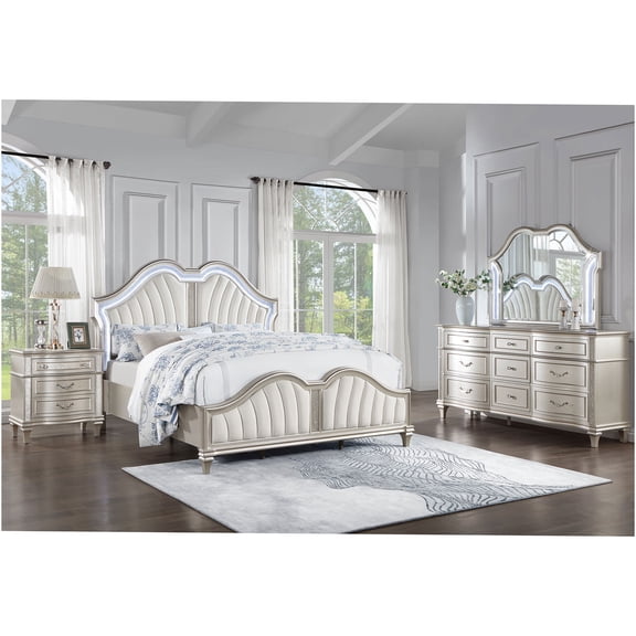 JERFIT Queen Bedroom Set, 4-Piece Silver Oak Finish Platform Bed Set with Dresser, Mirror & Nightstand, Modern Glam Furniture