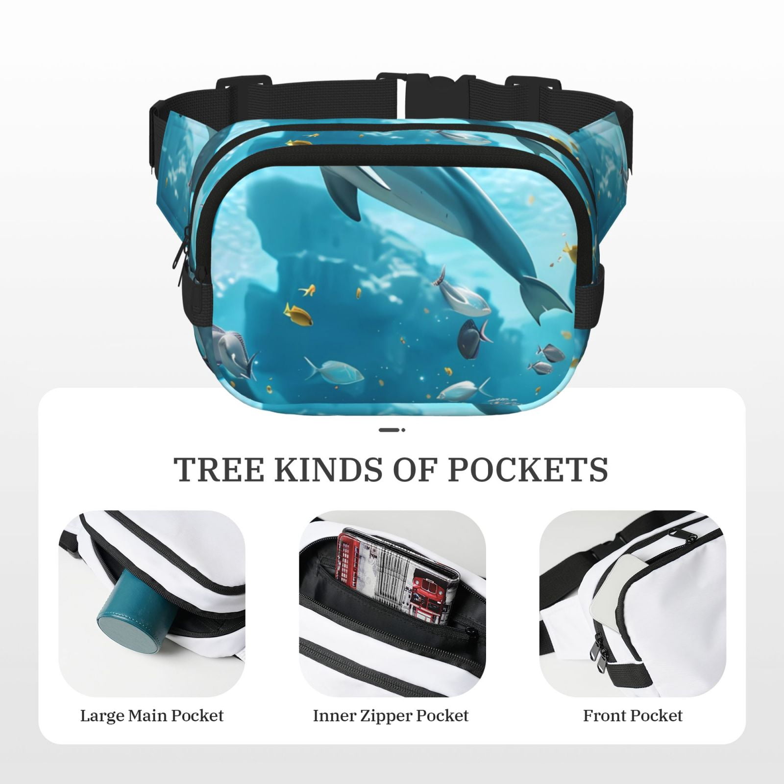 Fuzoiu Underwater Dolphin Scene Print Unisex Square Double Layer Waist Bag,Crossbody Fanny Pack Travel Workout Accessory