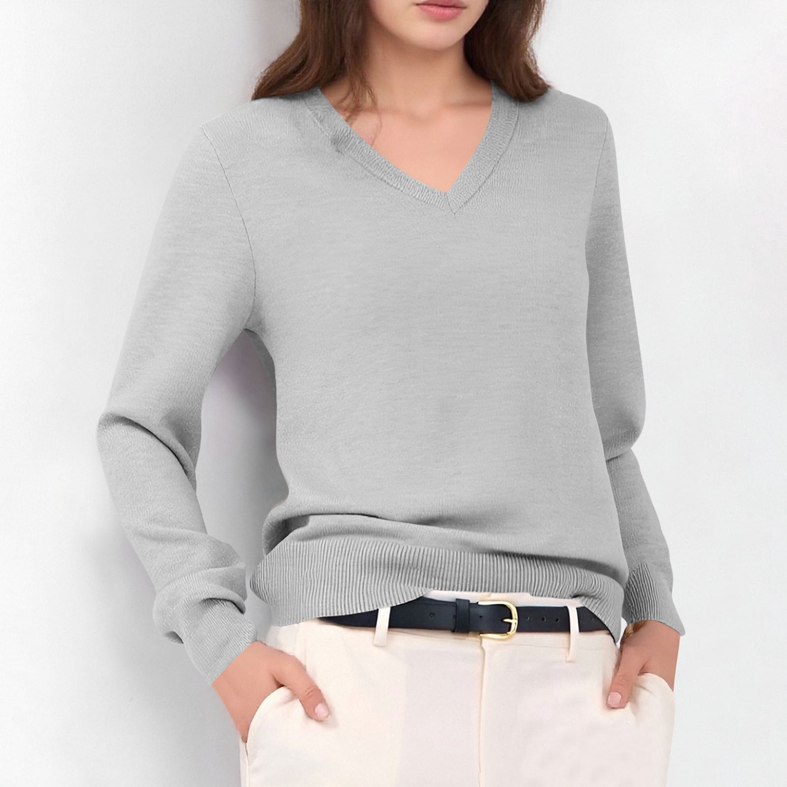 Hvot&aat Womens Solid Color Knitting Sweater Long Sleeve V Neck Classic Pullover Soft Lightweight Tops