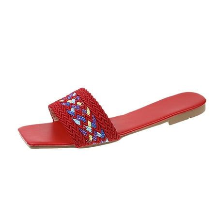 

GNEIKDEING Spring And Summer Women Slippers Woven Colorful Flat Bottom Large Size Casual Beach Gift on Clearance