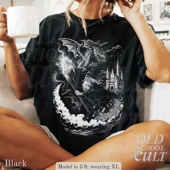 Wizard and Dragon Fantasy Graphic Print T-Shirt | Vintage Magic Castle Tee | Retro Gothic Mystic Unisex Top