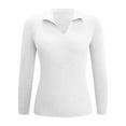 thumbnail image 5 of Plus Size Women's Ribbed Knit Polo Shirt Slim Fit Stretchy Long Sleeve V Neck Lapel Solid Color Sweater Lightweight Casual Office Tops White XL, 5 of 5