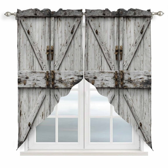 Vintage Gate Swag Curtains for Kitchen/Bedroom/Living Room, Farmhouse Wooden Grain Shabby Chic Door Scalloped Curtains 63 Inch Long, Window Swag Topper Curtains Valances 2 Panels Set 36"x63"