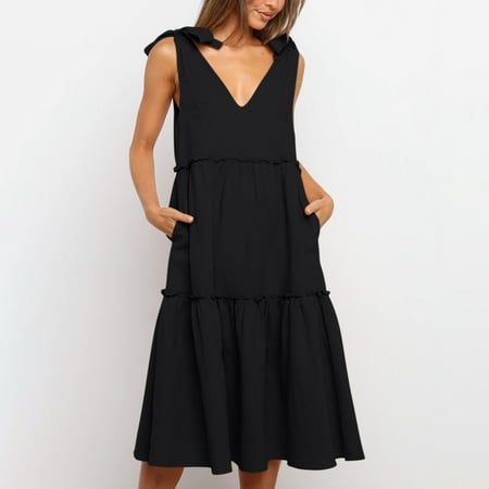 

jsaierl Women s Summer Dress 2023 Print Sundress Sleeveless Layered Dress V Neck Tie Strap Dress for Beach Vacation