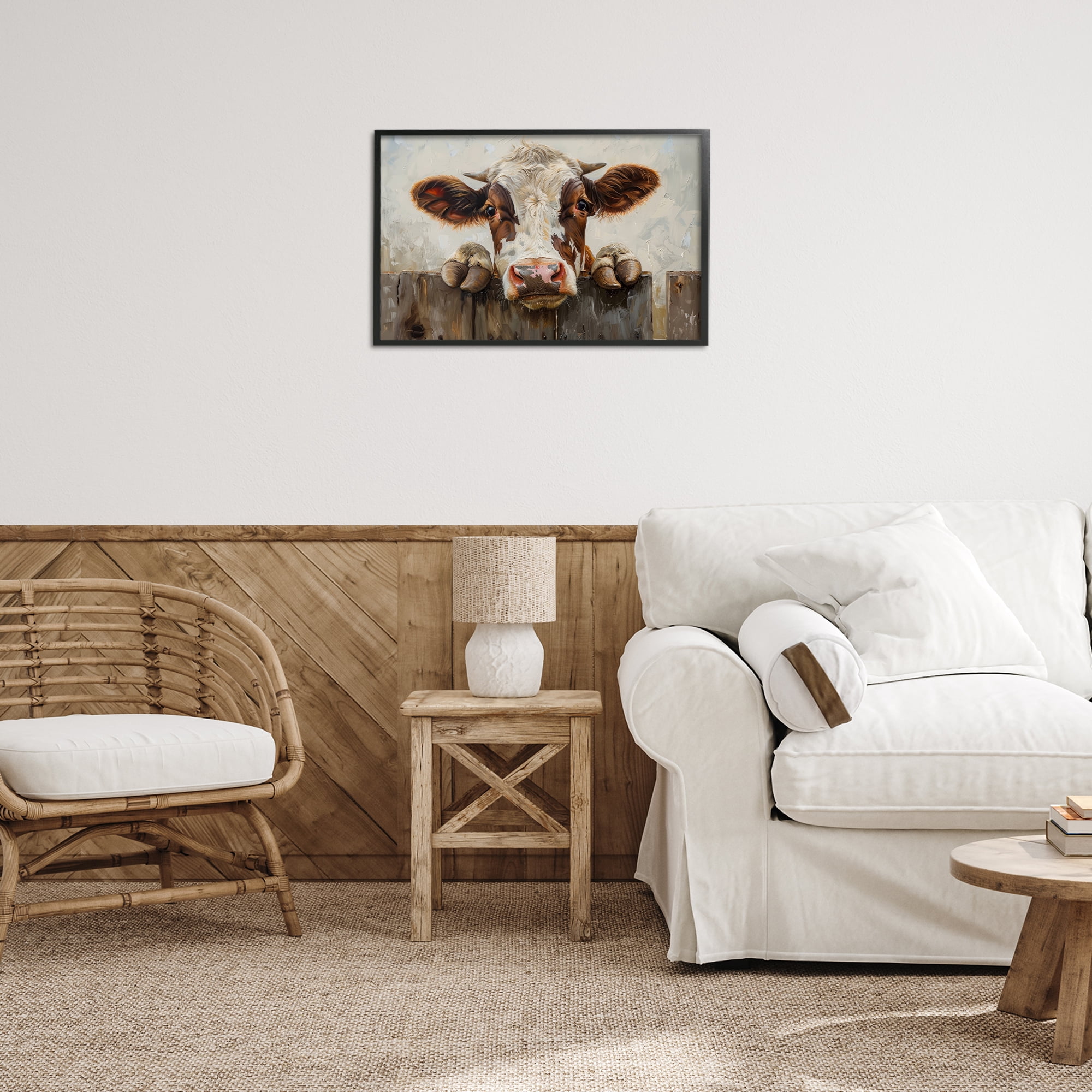 Stupell Industries Cow On Fence Animals & Insects Painting Black Framed Art Print Wall Art, 24 x 16