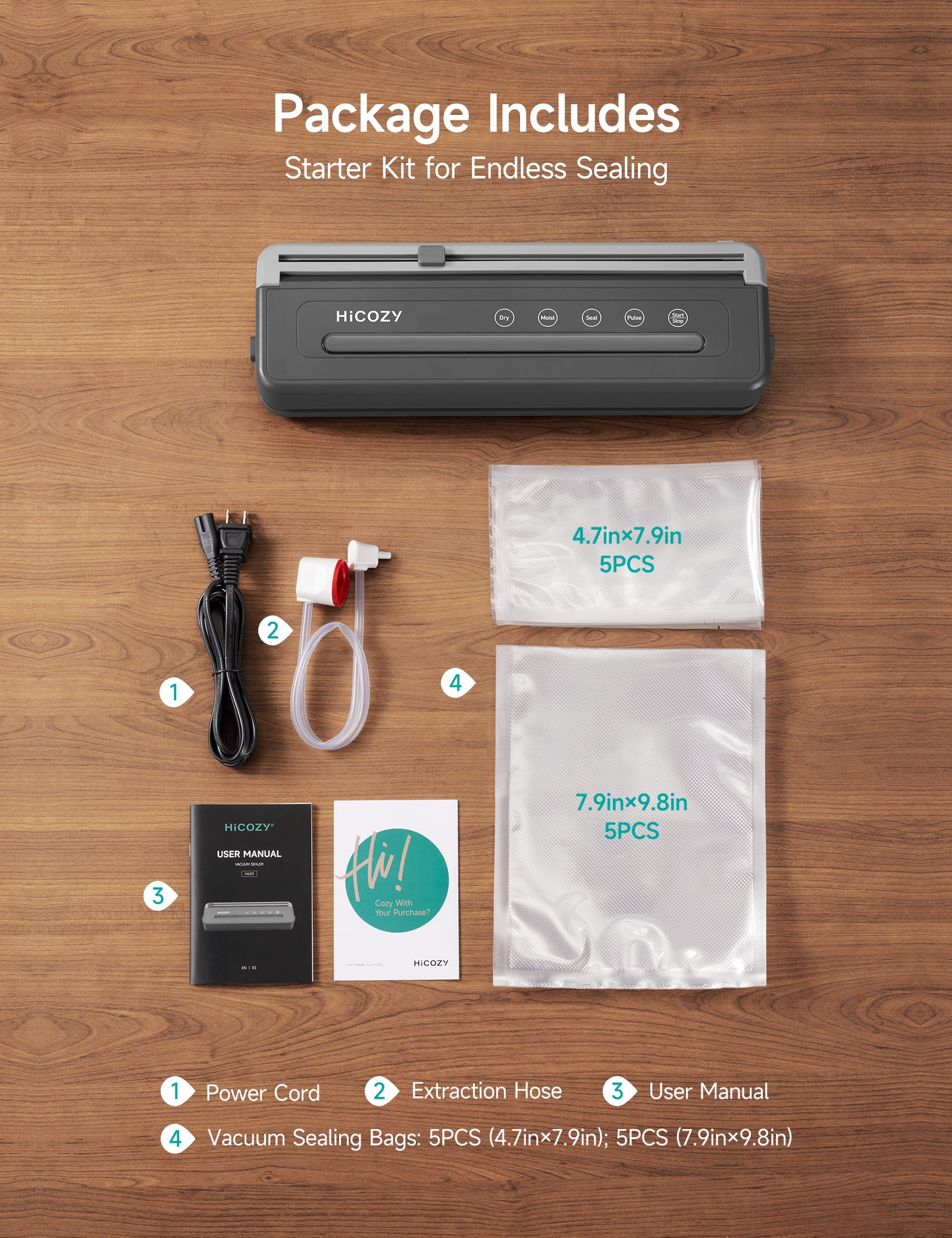 HiCOZY Vacuum Sealer Machine With 10 Vacuum Bags, Gray