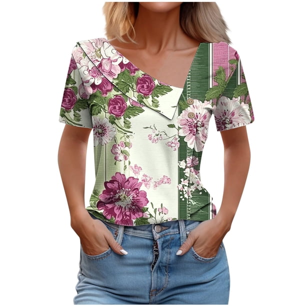Camisetas de Manga Corta para Mujeres Casual, Camiseta con Botón Impreso a Damas para Diario, Espectáculo Y Fiesta