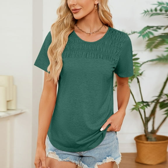 Womens Tops Trendy Sawvnm Womens Fashion Summer Casual Solid Short Sleeve Blouse T-Shirt Tops for Women Green S