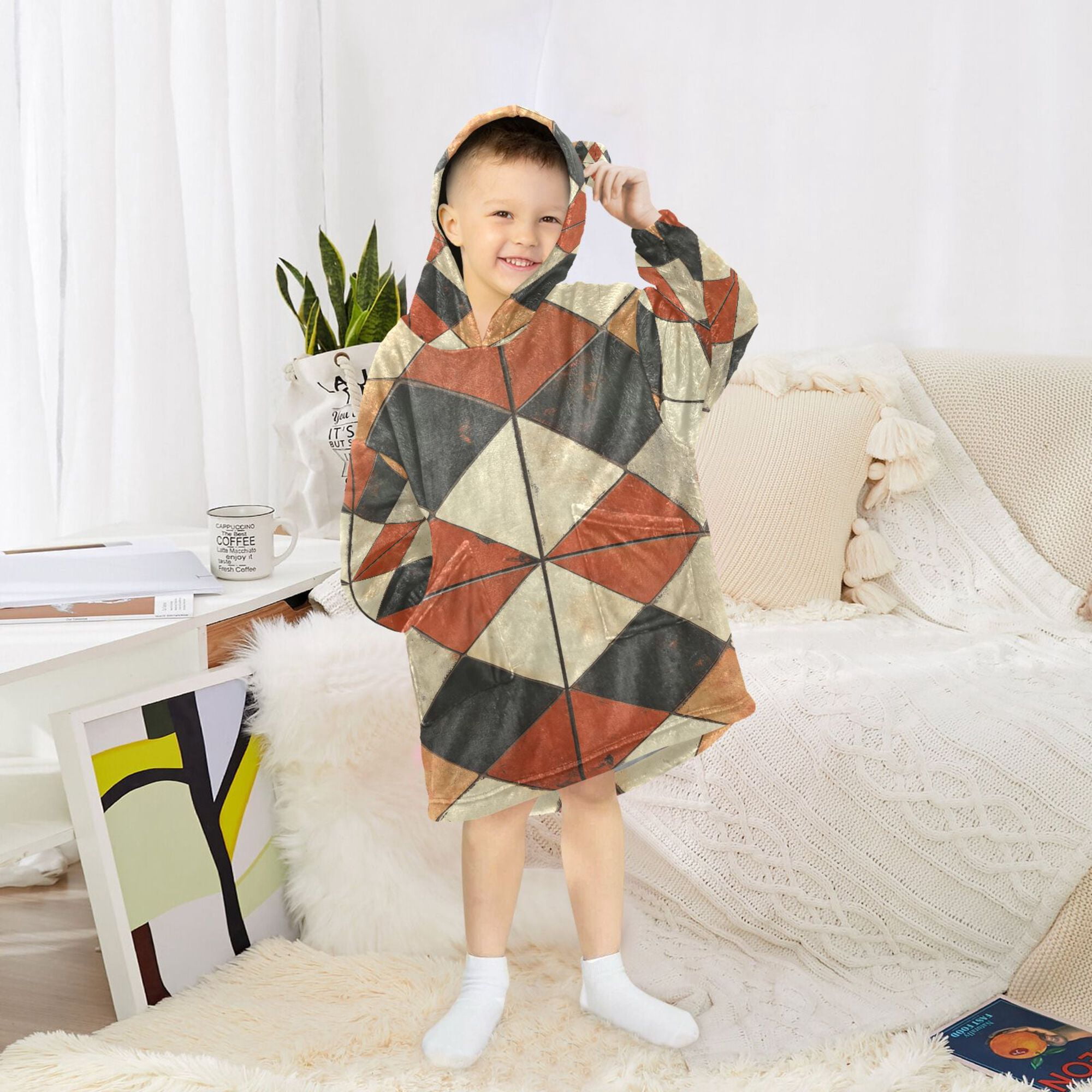 FORMRS Wearable Blanket Hoodie with Sleeves for Kids Cozy Flannel Sweatshirt, Checkered Pattern