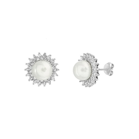 Engagement Simulated Earring - Inspired by You Round Simulated Pearl and Cubic Zirconia Stud Bridal Halo Earring for Women in Rhodium Plated 925 Sterling Silver