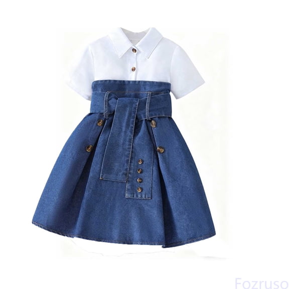 Fozruso Girls Casual Dresses Stylish Girls Denim Patchwork Solid Color Casual Party Dress With Flowy Skirt And Comfortable Fit For Various Occasions Sizes 4-5 Years