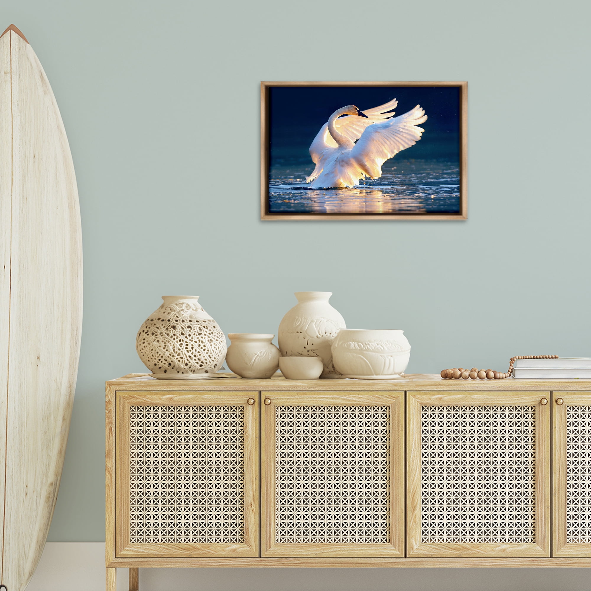 Stupell Industries Sunset Symphony Swan Animals Photography Brown Floater Framed Canvas Art Print Wall Art, 25 x 17