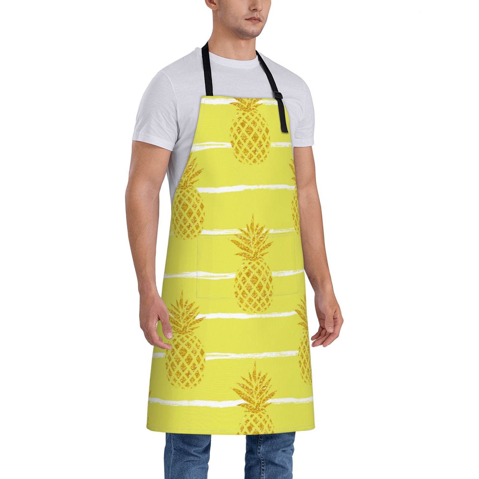 Kdxio Gold Pineapple Apron with Pockets Adjustable Kitchen Aprons for Men Women Waterproof Aprons for Cooking,Drawing,Crafting, Baking Household Cleaning