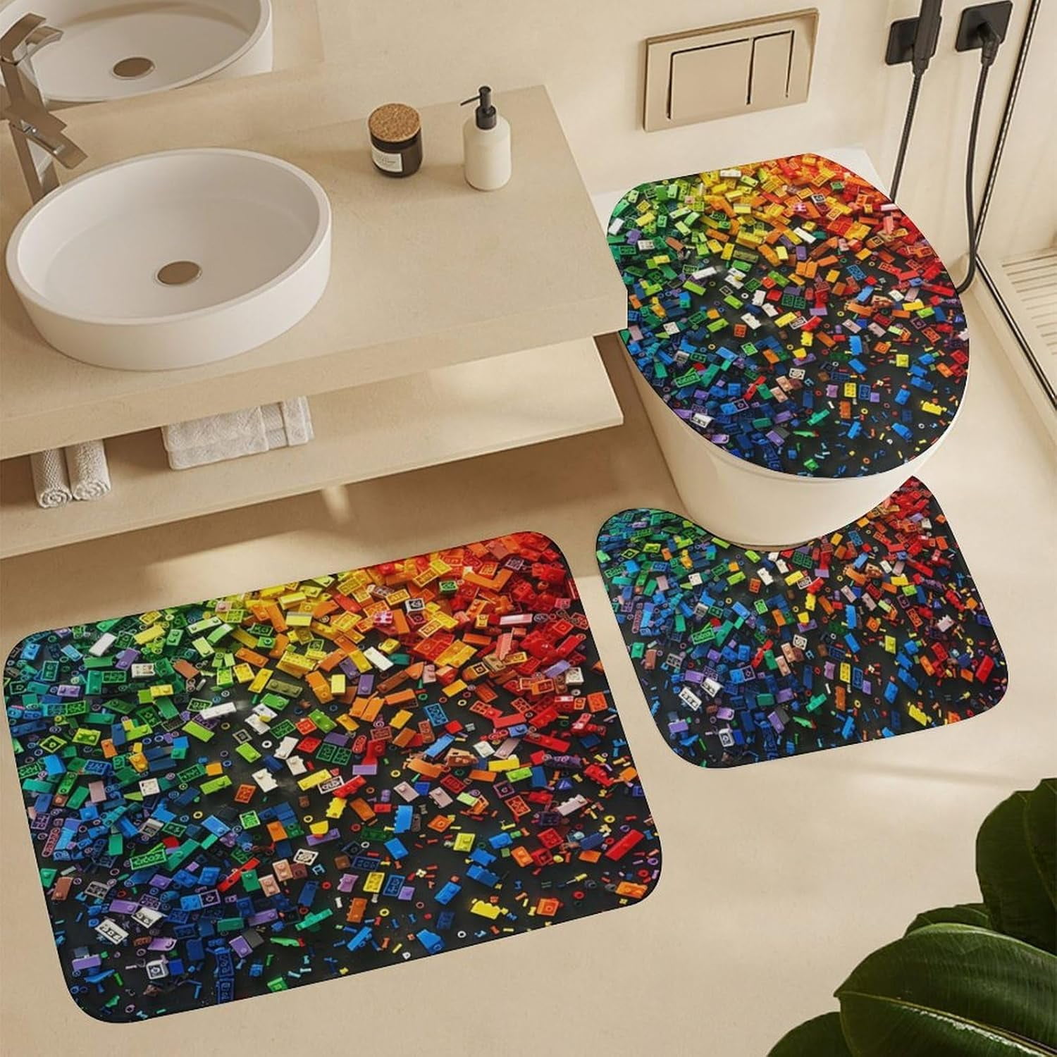 4Pcs Colorful Building Block Brick Shower Curtain Sets with Rugs, Toilet Lid Cover and Bath Mat, Geometric Bathroom Shower Curtains Set with 12 Hooks