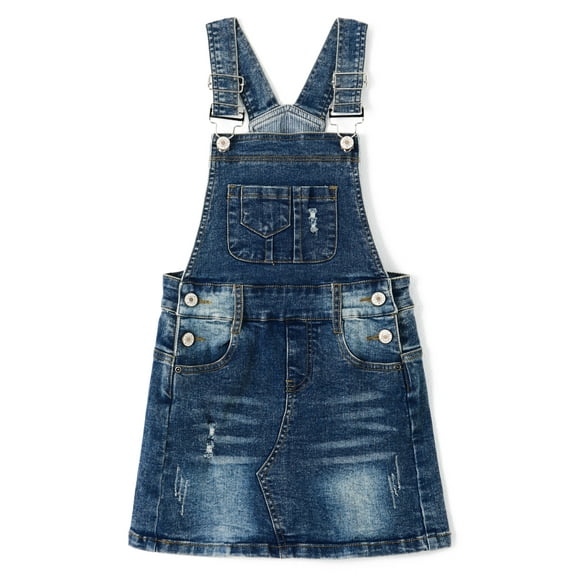 KIDSCOOL SPACE Baby Little Girls Skirt,Ripped Soft Strechy Denim Girls Summer Overalls Dress,Deep Blue,3-4 Years