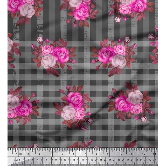 Soimoi Rayon Fabric Check,Leaves & Rose Flower Fabric Prints by Yard 42 Inch Wide