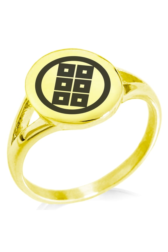 Stainless Steel Shoni Samurai Crest Minimalist Oval Top Polished Statement Signet Ring