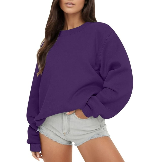 Aocisk Chandail à Col Rond à Manches Longues pour Femme, Confortable, Coupe Ample, Chandail Uni pour l'Automne, Décontracté, Confortable et Respirant, Hauts, Violet, TG
