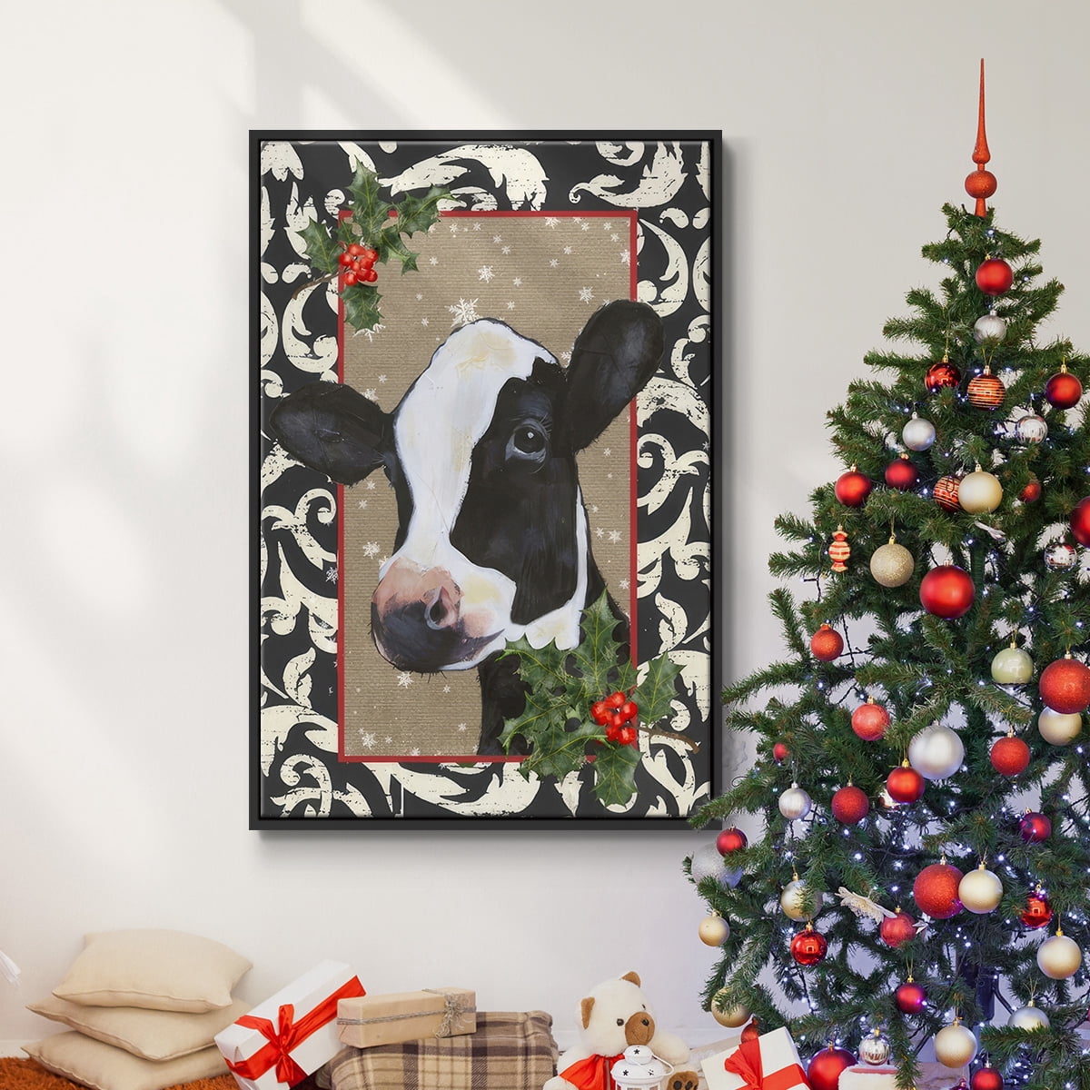 County Christmas Farm I - Framed Gallery Wrapped Holiday Canvas - 27 x 41 - Black Frame